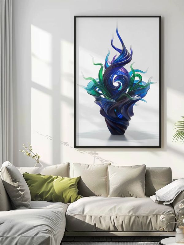 Modern living room with abstract artwork.