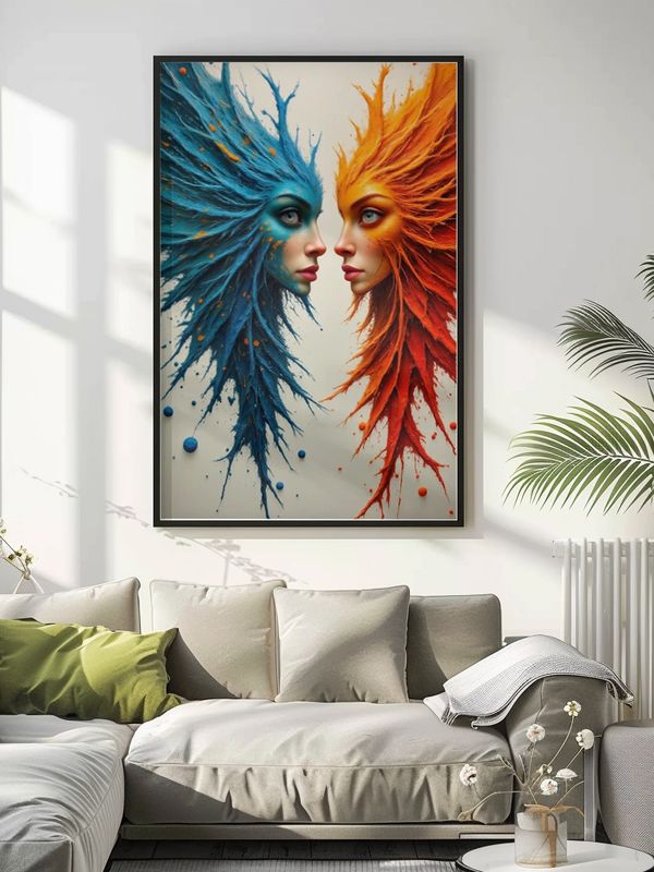 Surreal painting of two faces with blue and orange fiery hair facing each other.