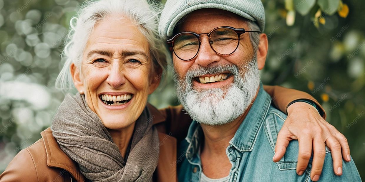 Happy elderly couple smiling warmly outdoors, showing close bond.