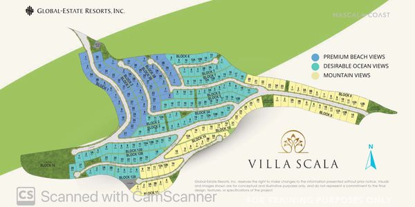 Map of Villa Scala lots with beach, ocean, and mountain views.