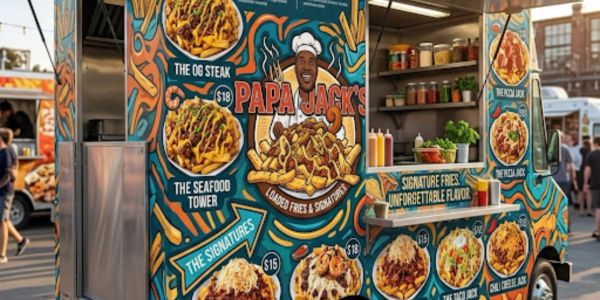 Colorful food truck Papa Jack's with loaded fries and signature dishes.