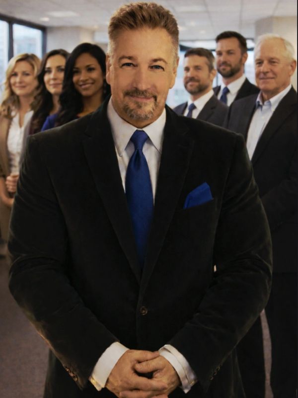 Confident businessman in a black suit with a blue tie, surrounded by his professional team.