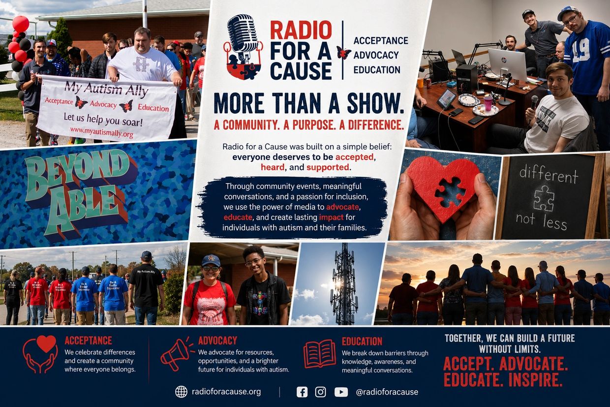 Collage promoting autism acceptance, advocacy, and education through community and radio.