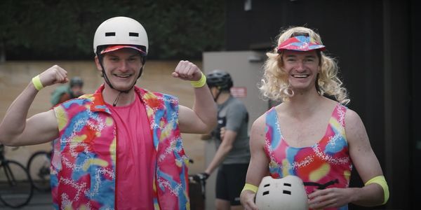 The Fence Boys dressed as Barbie and Ken at the Tour de PIF charity bike ride (2024)