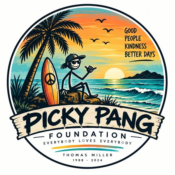 Sunset surfer with peace sign and inspirational text logo.