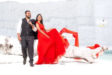 Couple dressed elegantly by a white log on a beach.