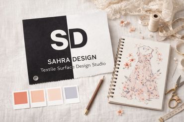 Creative workspace with fashion sketch and color swatches for textile design.