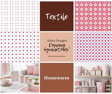 Collage showcasing Sahra Designs' red and white textile and houseware patterns.