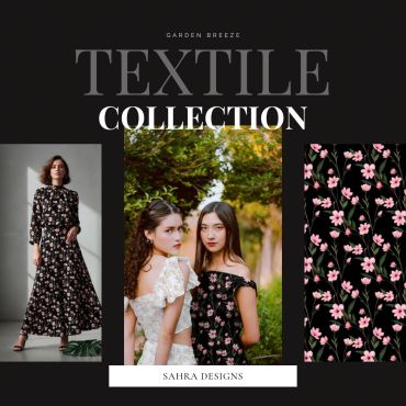 Fashion textile collection showcase with floral patterns and elegant dresses.