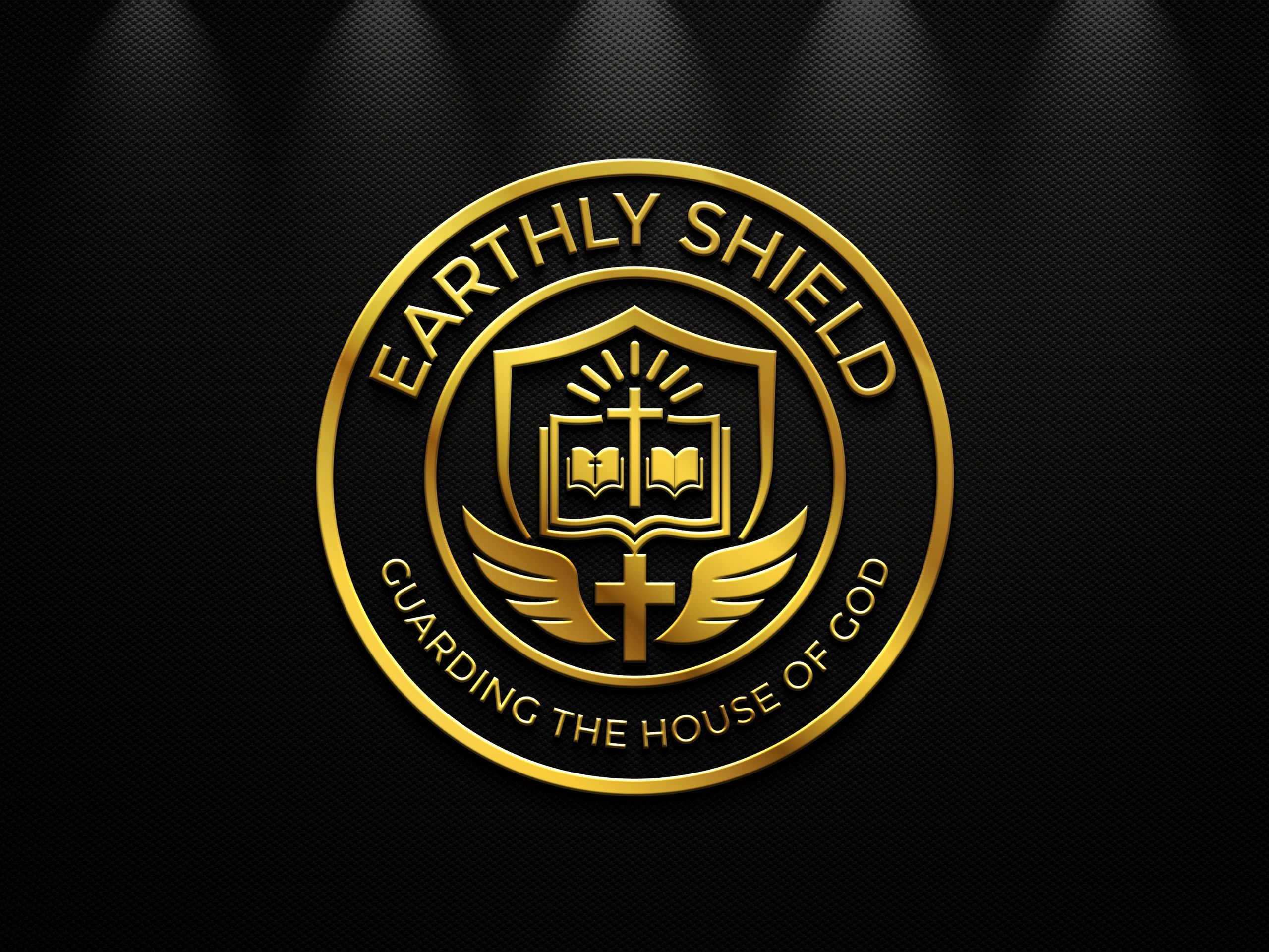 Golden emblem with shield, cross, and wings on black background.