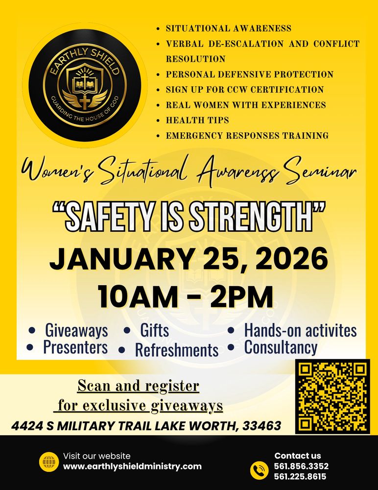 Women's situational awareness seminar on January 25, 2026, from 10 AM to 2 PM with giveaways, gifts, and training.