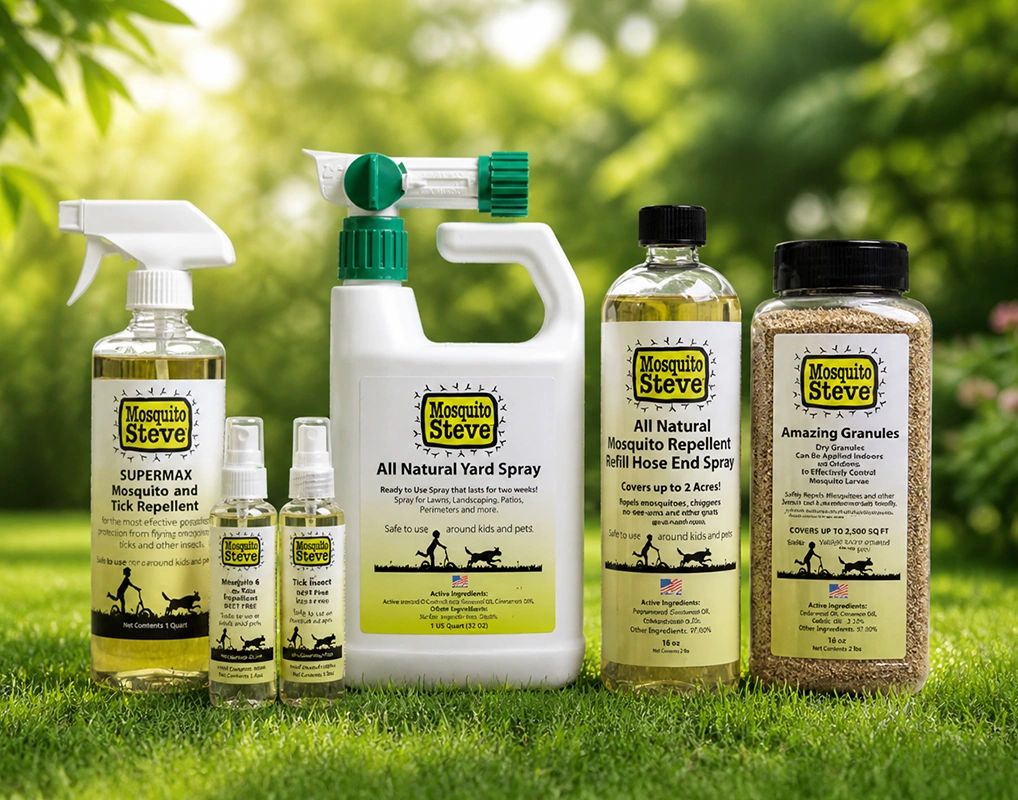 Mosquito Steve mosquito repellent products displayed outdoors on grass.