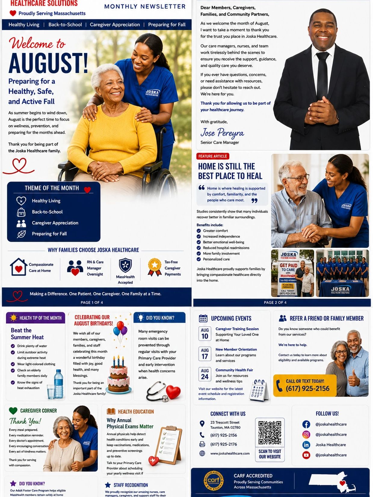Healthcare newsletter emphasizing caregiver support and community events.