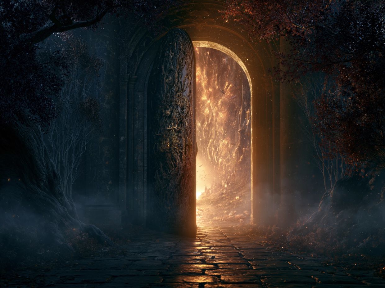 A glowing door ajar in a dark, mystical forest.