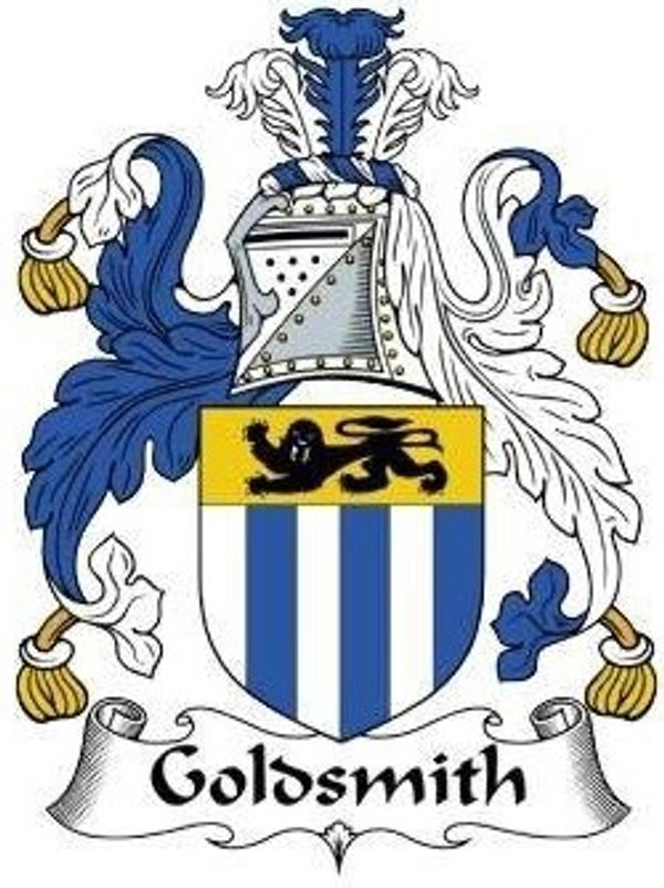 A blue and white Goldsmith family crest with a lion and helmet.
