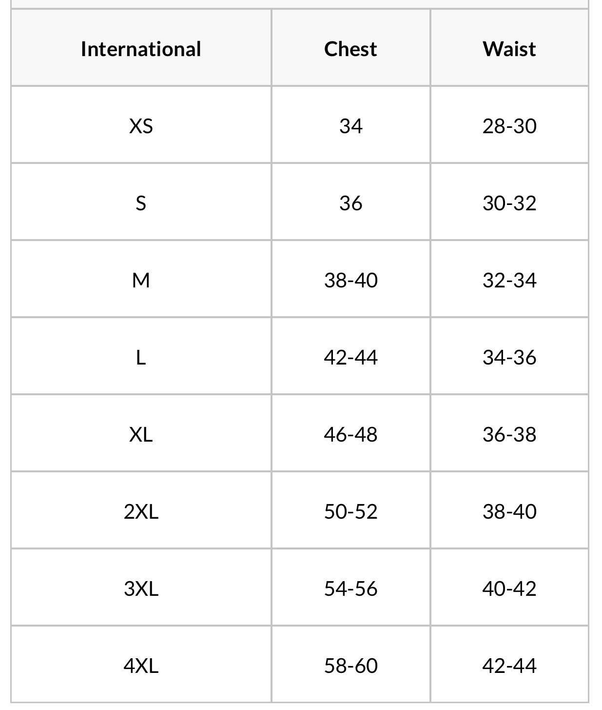 Size chart mens