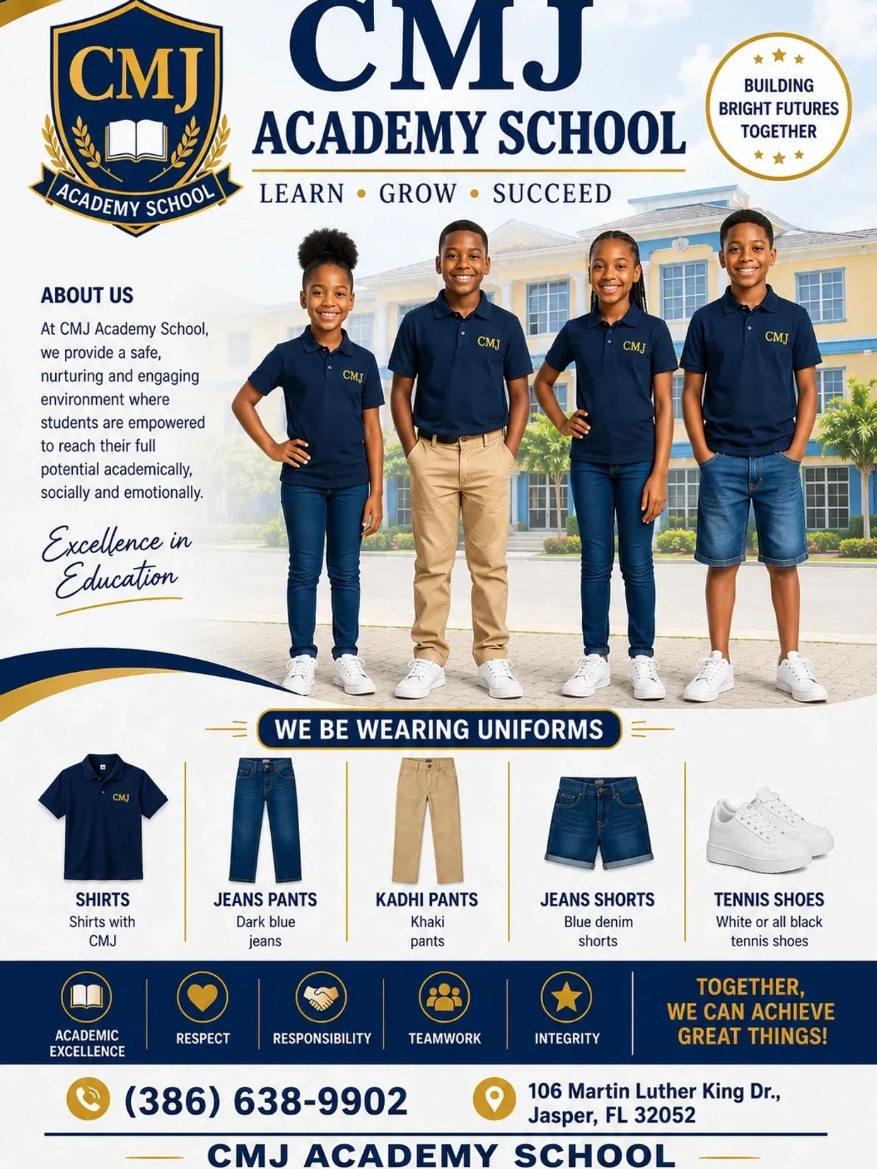 CMJ Academy School promotes learning, growth, and success with a uniform dress code for students.