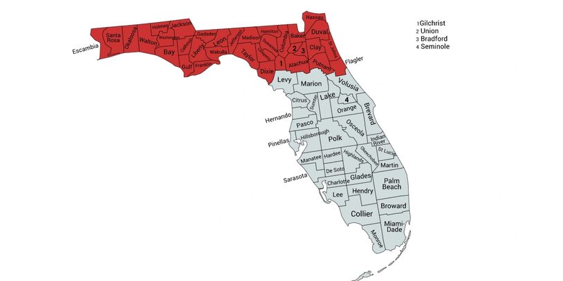 Map of Florida counties divided into red and gray regions with labeled counties and a numeric legend.