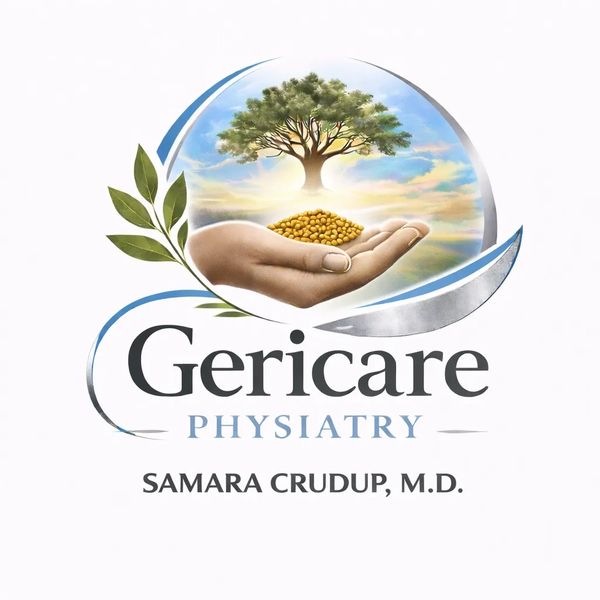 Logo of Gericare Physiatry featuring a hand holding golden seeds with a tree above it.