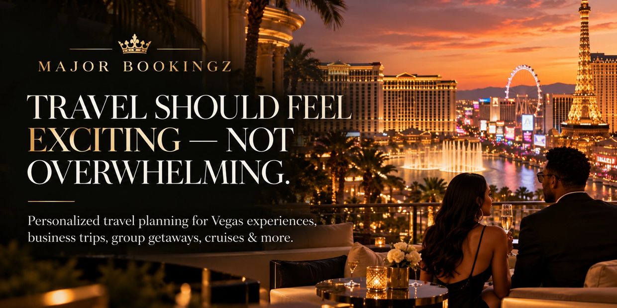 Couple enjoying a Las Vegas sunset with travel booking text.