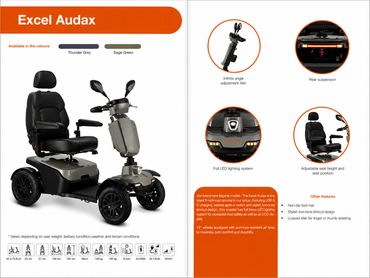 Excel Audax mobility scooter with adjustable features and multiple colors.