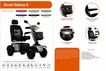Excel Galaxy II mobility scooter with adjustable features and safety options.