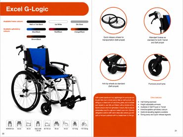 Blue and black Excel G-Logic wheelchair with sturdy wheels and adjustable features.