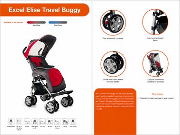 Excel Elise Travel Buggy with red and black design, lightweight and easy to fold.