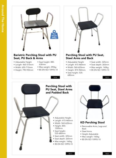 Four types of perching stools with adjustable features and steel arms.