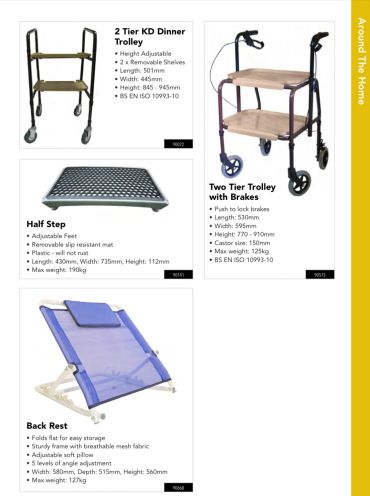 Various home utility items including trolleys, half step, and back rest.