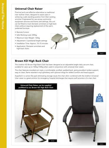 Universal Chair Raiser and Brown KD High Back Chair for safe standing and adjustable seating.