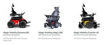 Three off-road powered wheelchairs with different drive types and colors.
