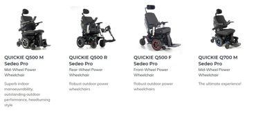 Four models of Sedeo Pro power wheelchairs with different power and feature setups.