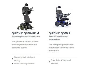Comparison of two power wheelchairs: standing and rear-wheel models.