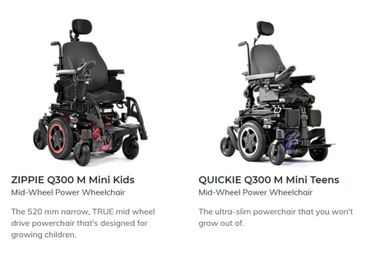 Two mid-wheel power wheelchairs designed for kids and teens.