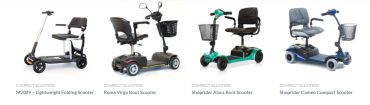 Four different models of electric scooters with seats and baskets.