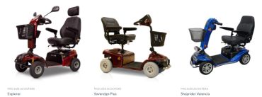 Three models of motorized scooters with comfortable seats and baskets.