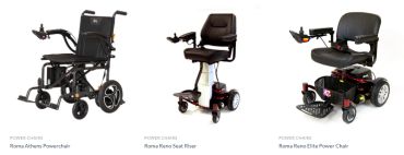 Three different models of Roma power chairs are displayed side by side.