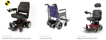 Three types of power chairs and a power pack for mobility assistance.