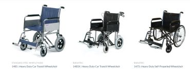Three types of heavy duty wheelchairs shown side by side.
