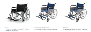 Three heavy-duty self-propelled wheelchairs in black and blue colors.