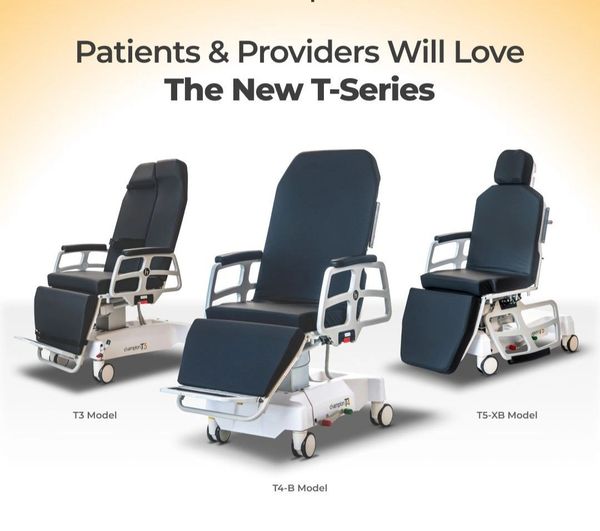 TransMotion® T-Series stretcher chairs. T3 Swallow Study Chair, T4-B Multi-Purpose, T5-XB Surgical