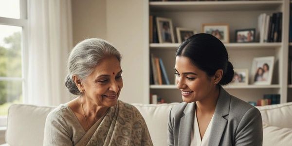 An elderly woman and a younger woman share a warm moment indoors.
