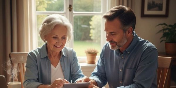 Elderly woman and middle-aged man using a tablet together indoors.