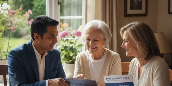 Three people happily discussing with digital and printed materials indoors.