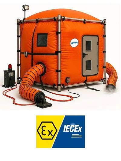 Orange inflatable safety tent with ventilation tubes and IECEx safety certification logo.