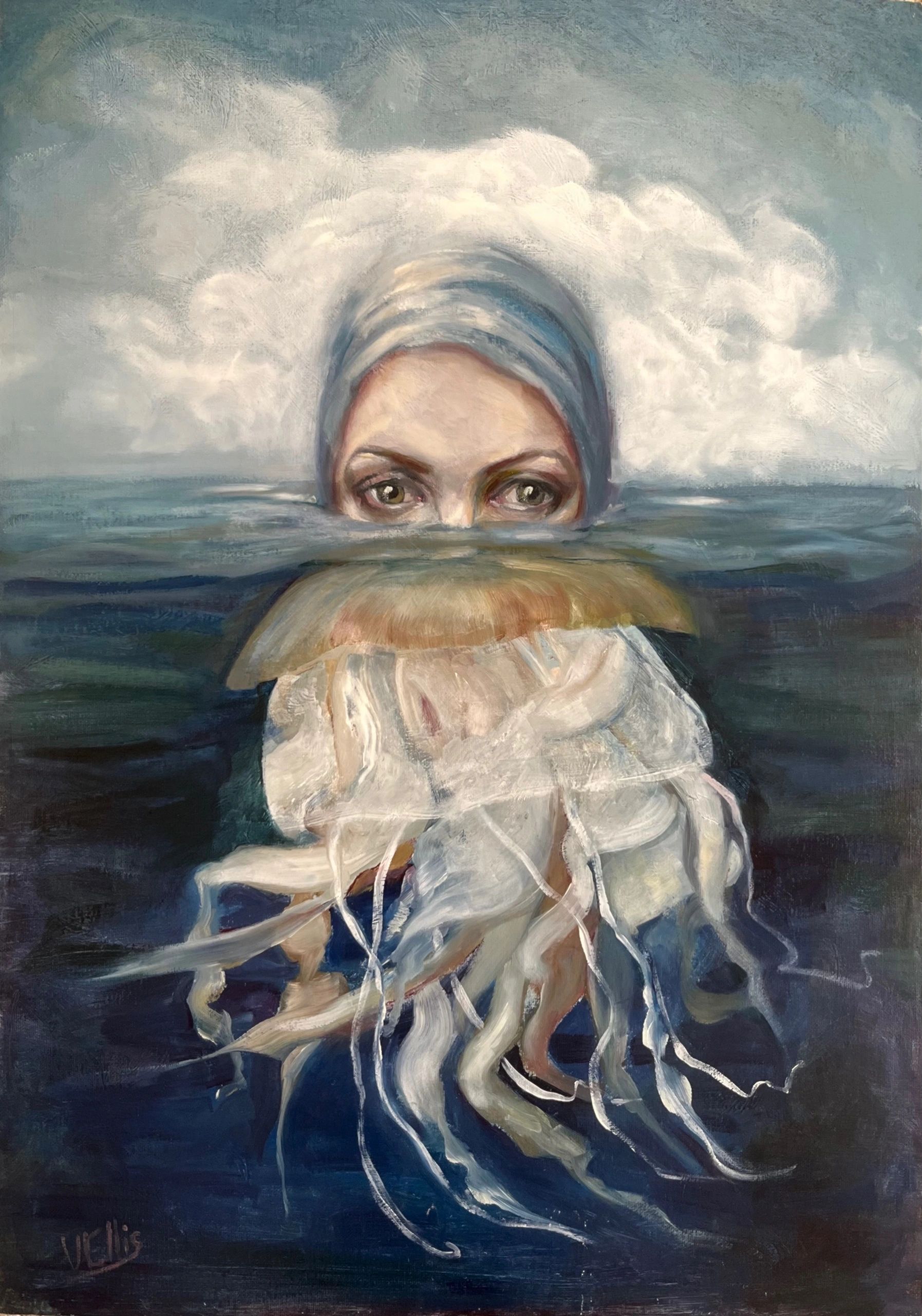 Surreal painting of a woman with a jellyfish in water.