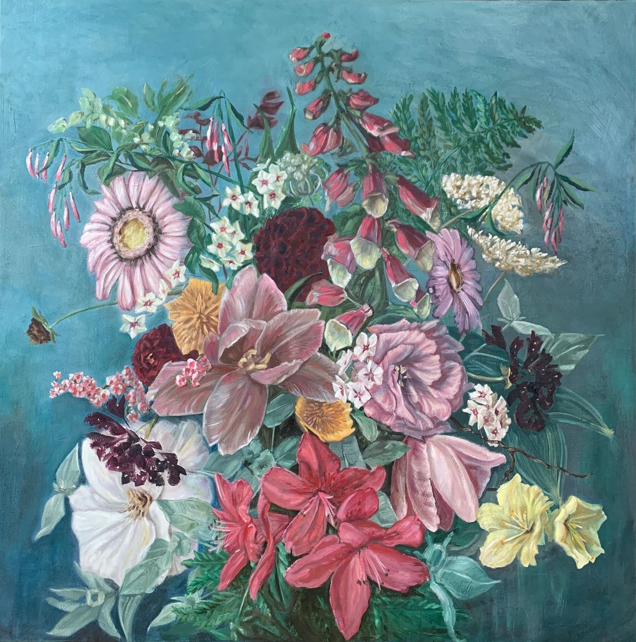 A vibrant bouquet of diverse flowers against a blue background.