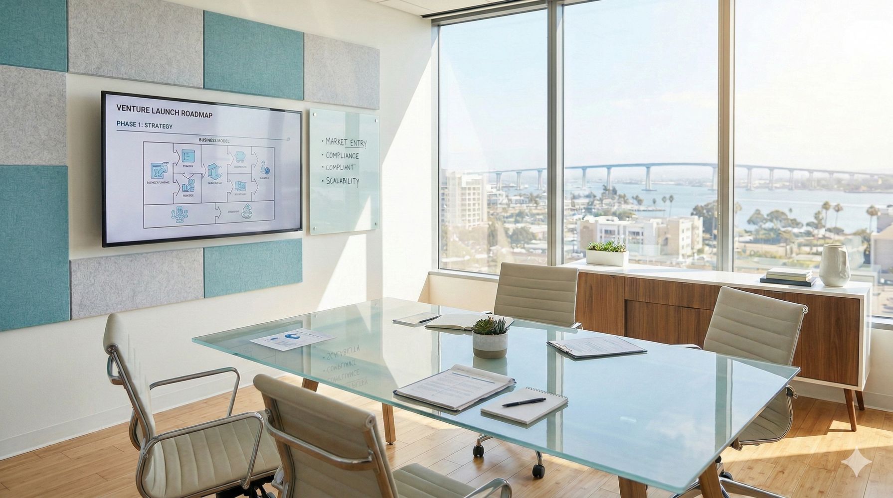 A bright meeting room with glass table, office chairs, and a city view through large windows.