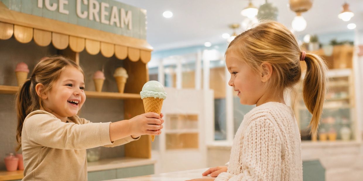 Two young girls happily sharing an ice cream cone at a shop.